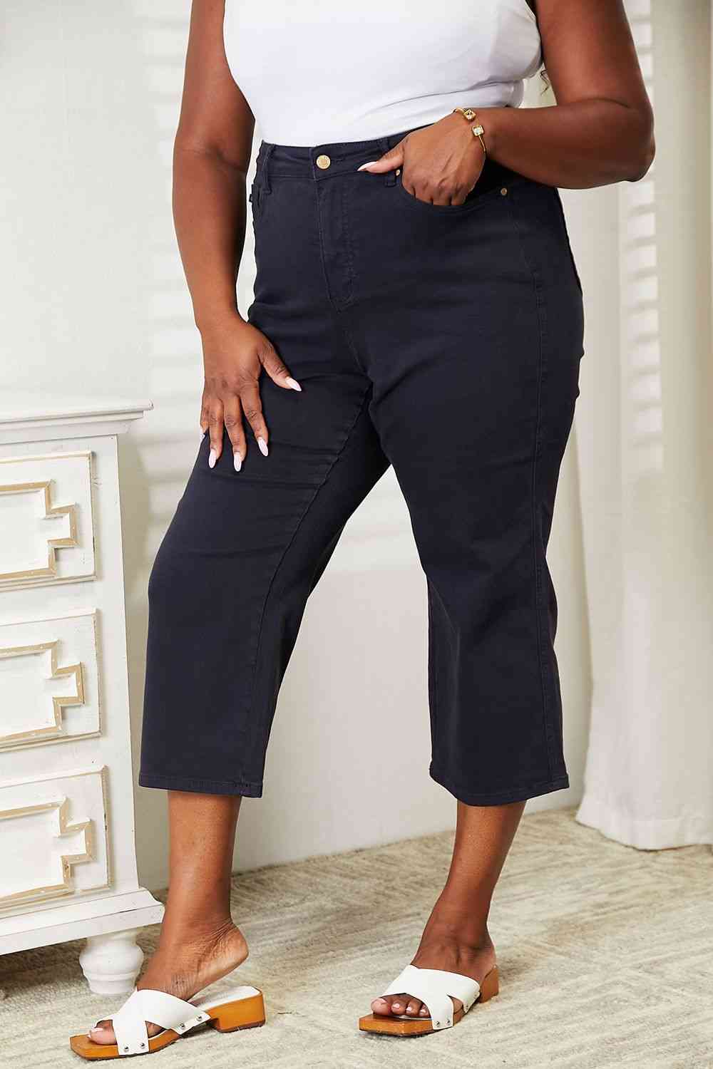 Tummy Control High Waist Navy Demim Jean Judy Blue Cropped Pants