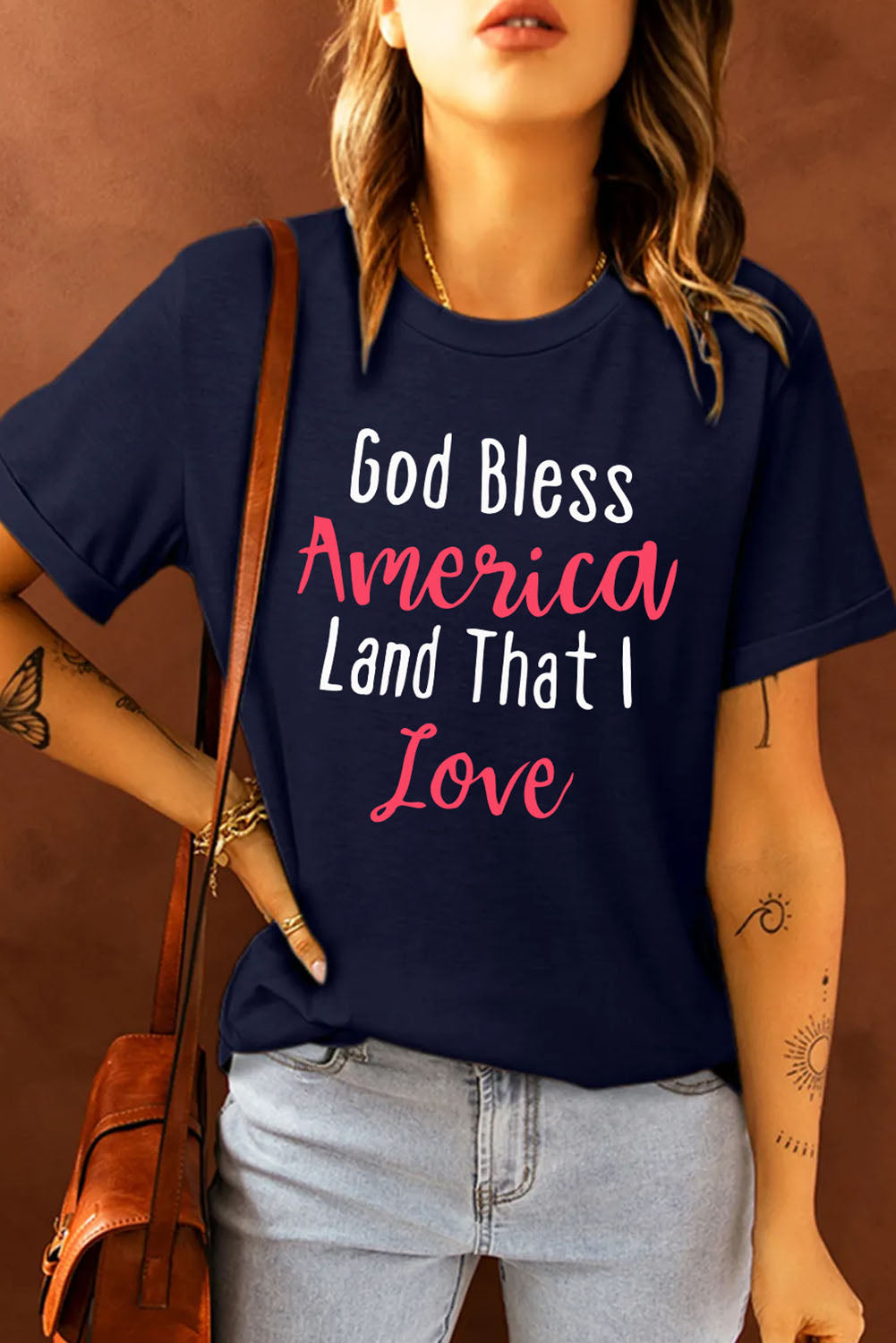 GOD BLESS AMERICA LAND THAT I LOVE Graphic Cuffed Short Sleeve Tee Shirt