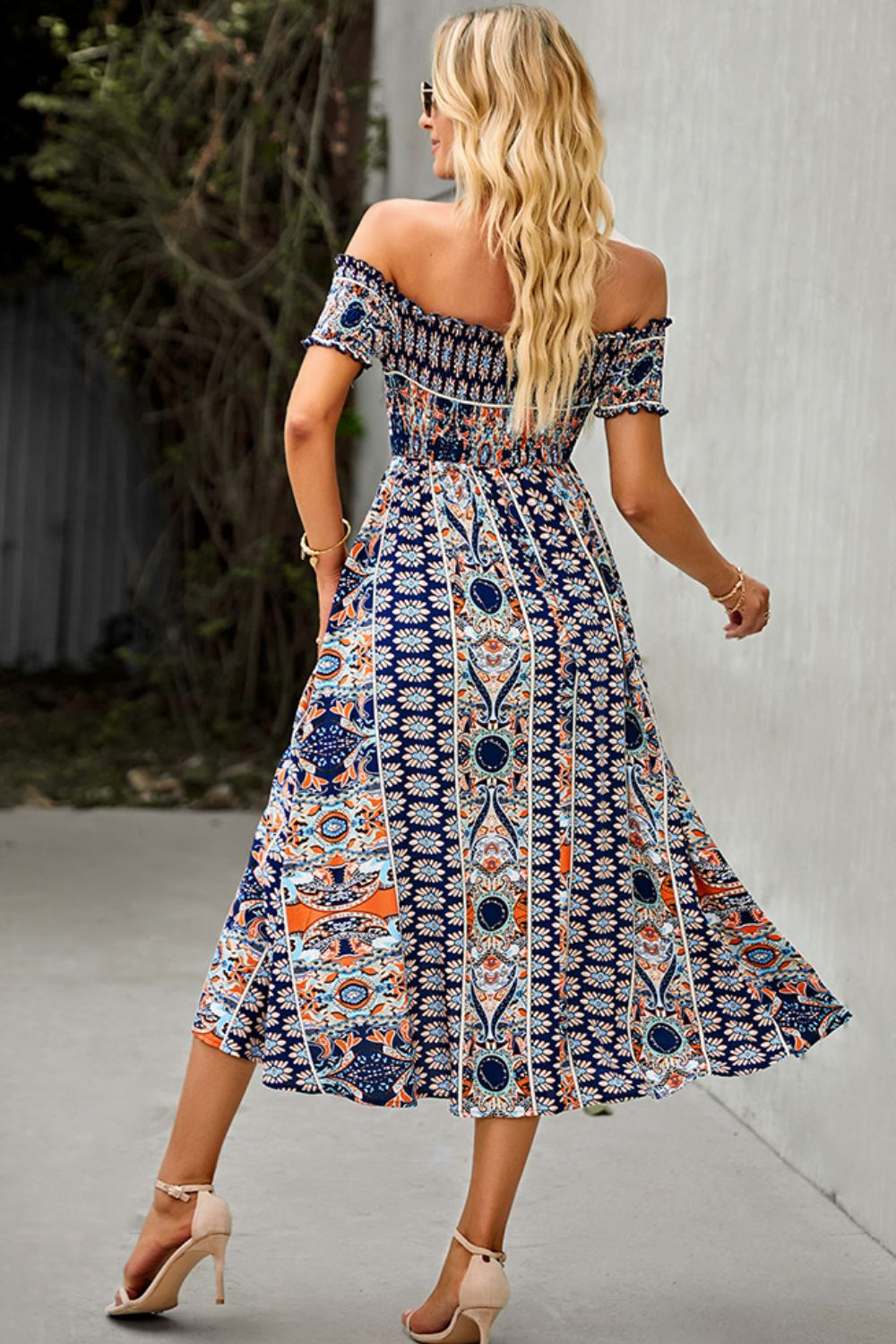 Bohemian Retro 70s Floral Smock Chest Off-Shoulder Midi Summer Dress