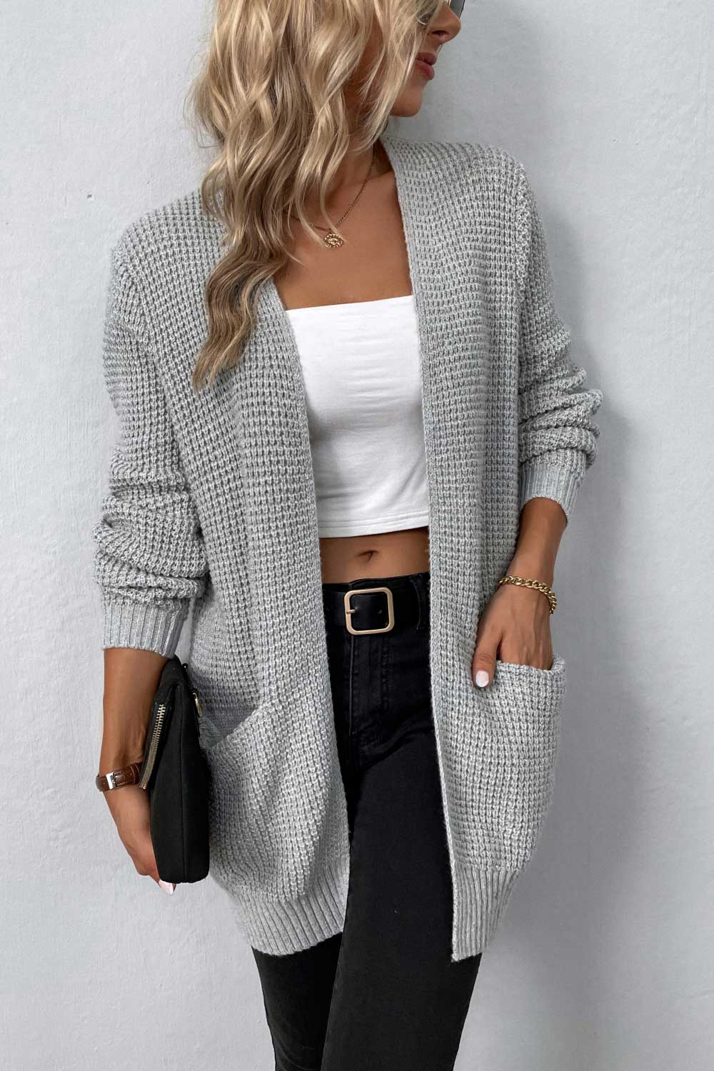 Waffle Knit Long Cardigan with Pockets (4 colors available