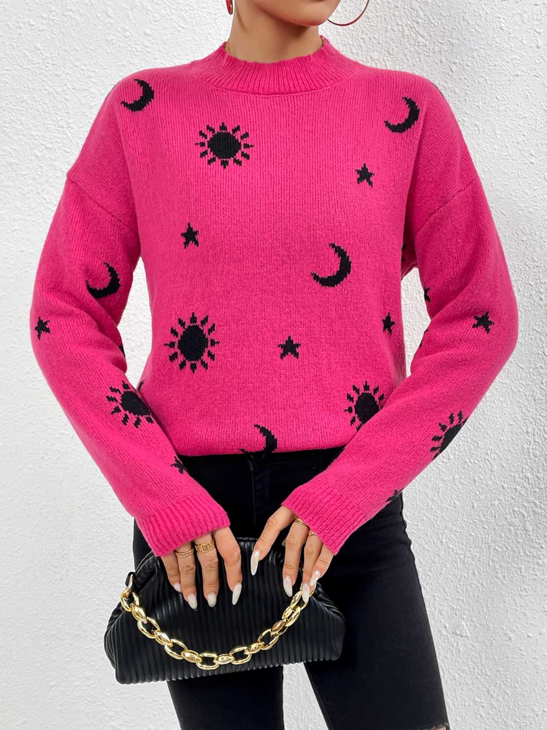 Unique Print Knit Pullover Celestial Mushroom Skull Yin Yang Sweater Shirt