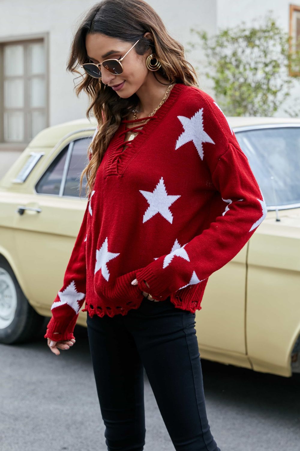 Star Print Distressed Lace Up Tie-back Knit Sweater (2 colors available)