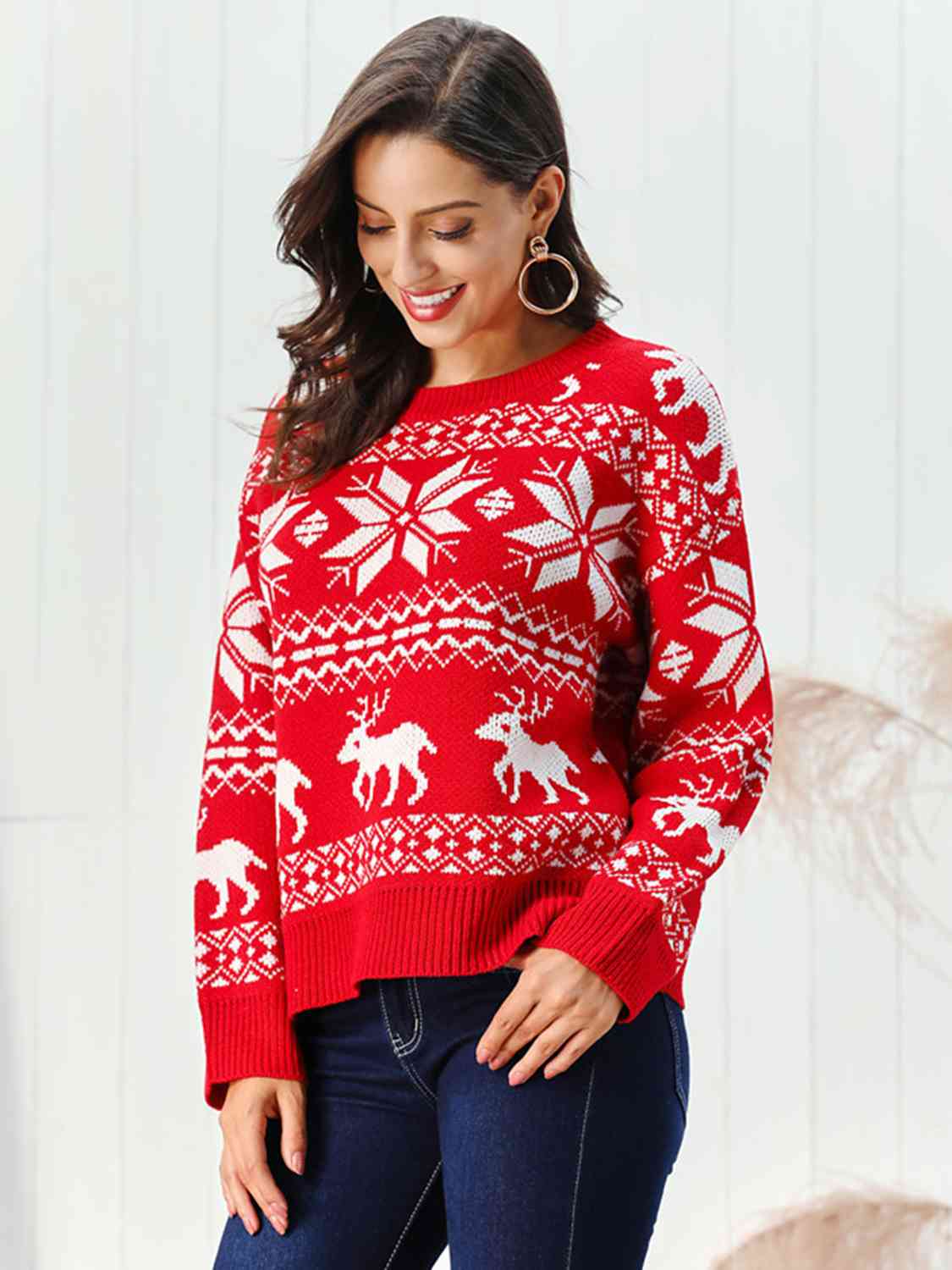 Fair Isle Snowflake Reindeer Knit Round Neck Classic Holiday Minimalist Sweater