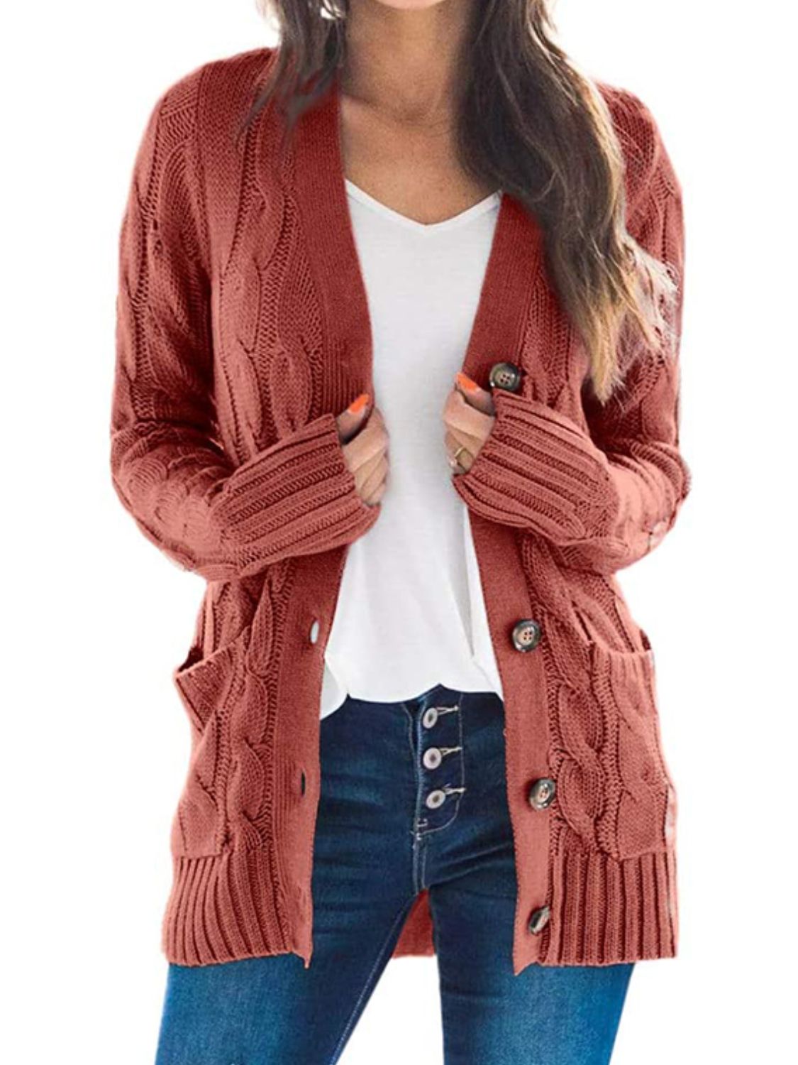 Classic Cable-Knit Buttoned Oversized Cardigan Patch Pockets