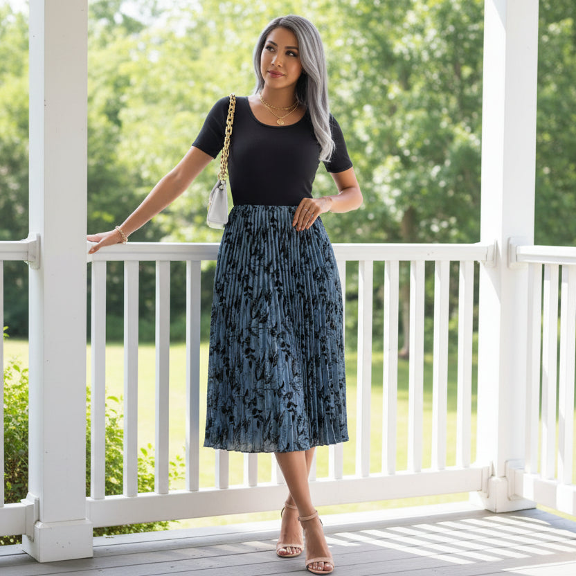 Floral Accordion Pleated Midi Dress Round Neck Short Sleeve Flowing Colorblock A-Line