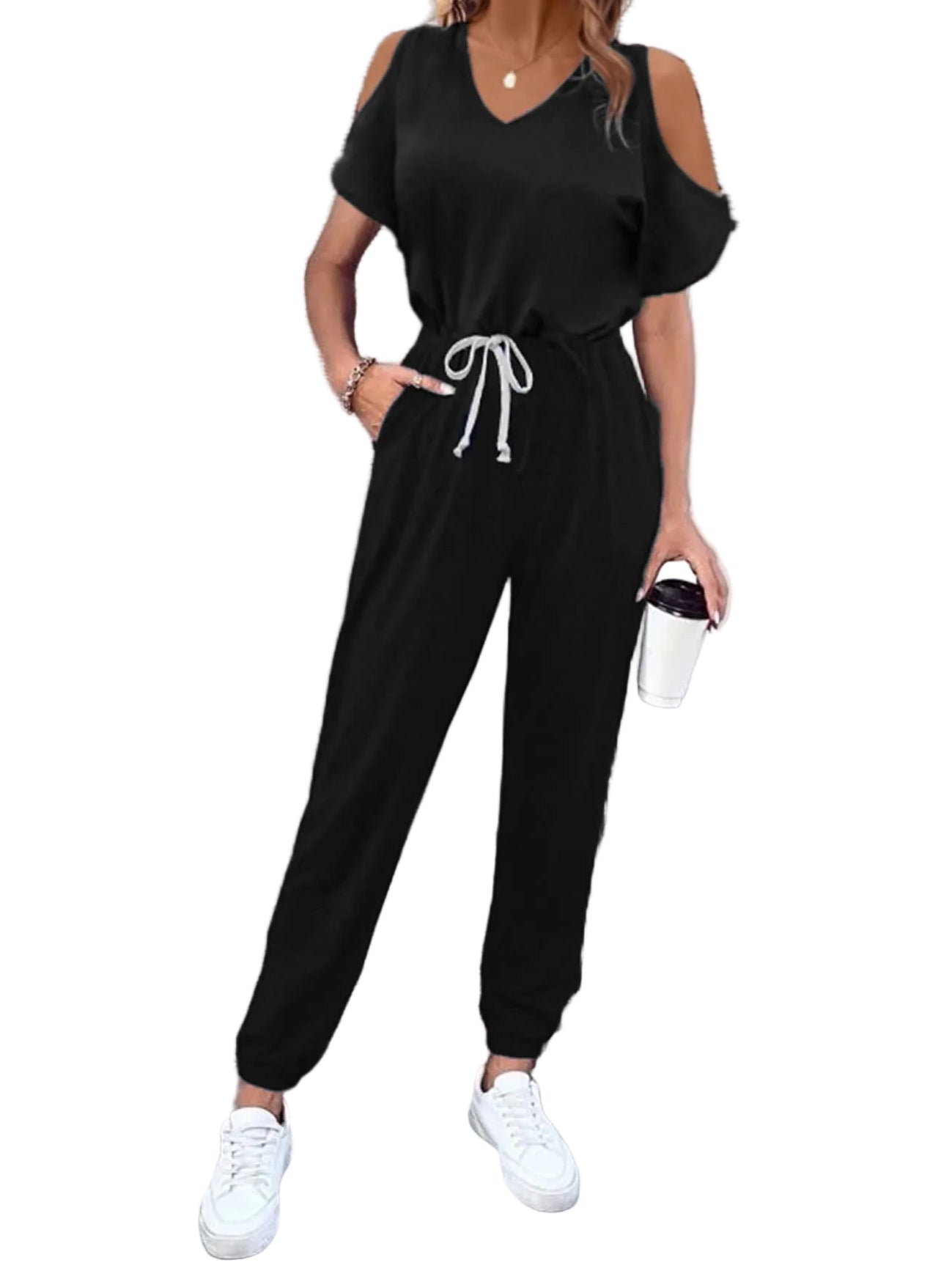 Cold-Shoulder Elastic Waist One-Piece Ankle Jogger V-Neck Pocket Jumpsuit