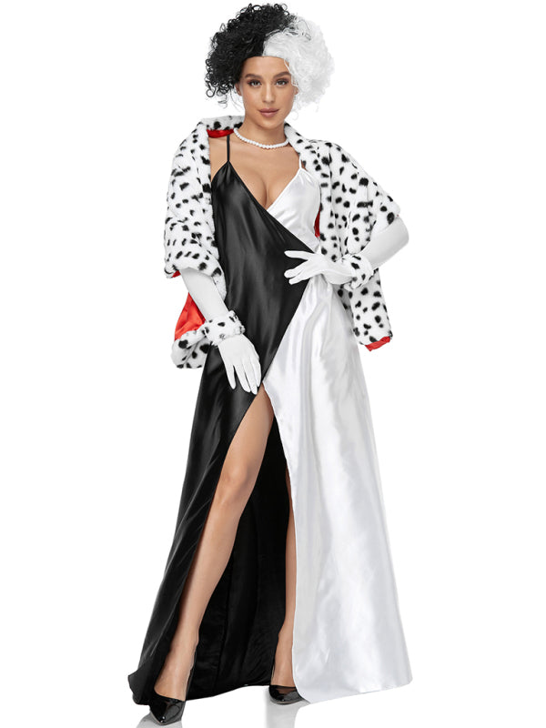 CRUELLA Dalmatians Spotted Cosplay Sexy Adult Dress Halloween Costume Party