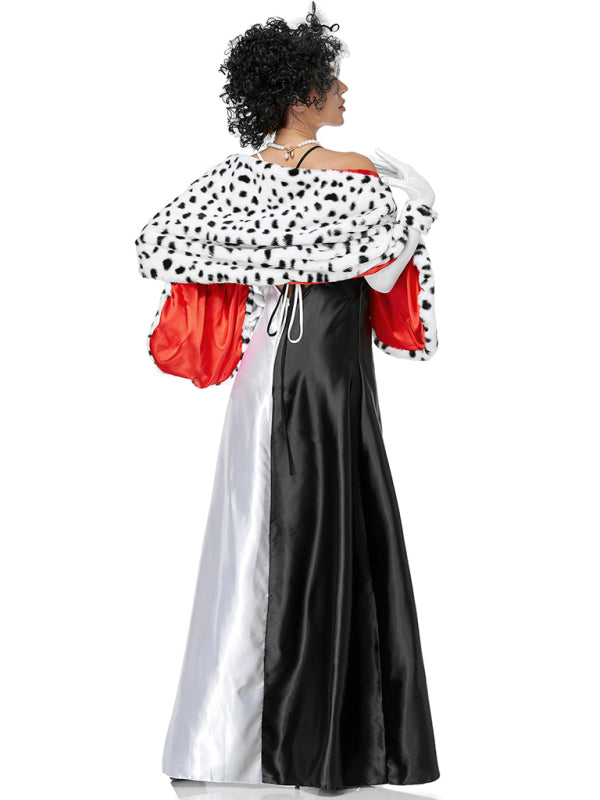 CRUELLA Dalmatians Spotted Cosplay Sexy Adult Dress Halloween Costume Party