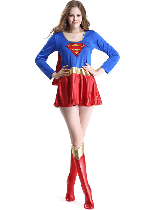 SUPER GIRL Hero Outfit Sexy Halloween Adult Costume Mini Dress Cape Cosplay