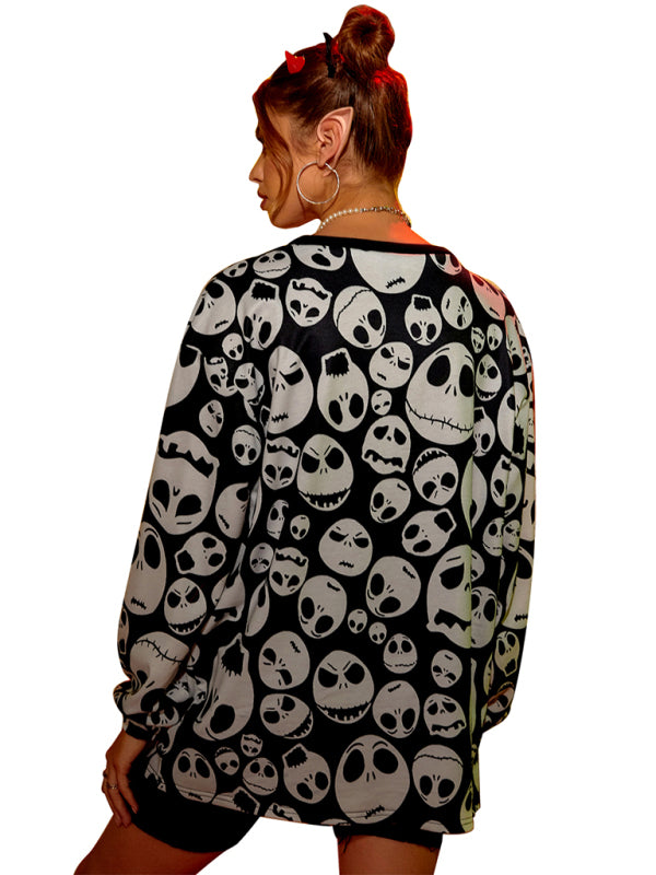 Halloween Skeleton Skull Print Oversized Long Sleeve Top Shirt