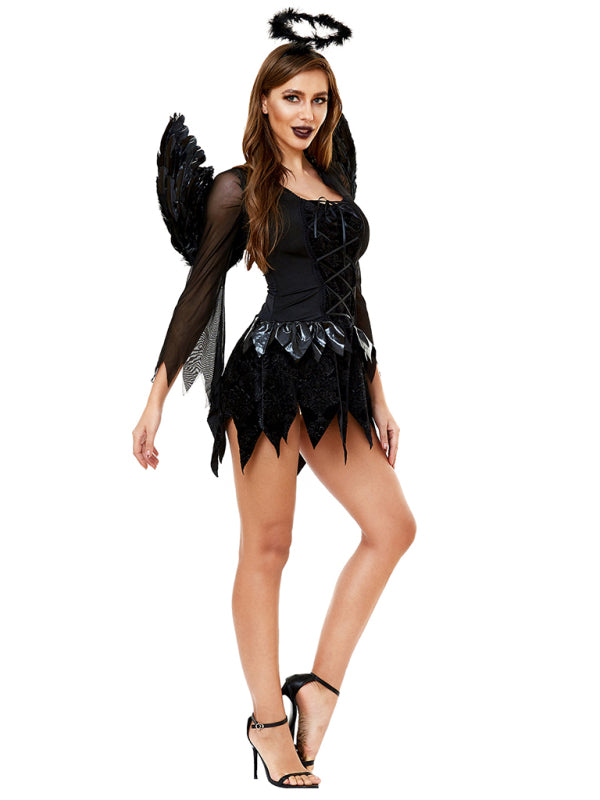 DARK Fallen ANGEL 3-piece Goth Punk Sexy Adult Halloween Costume Mini Dress