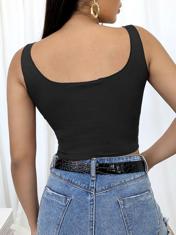 Ribbed Button Accent Sleeveless Tank Square Neck Crop Top Black Cami