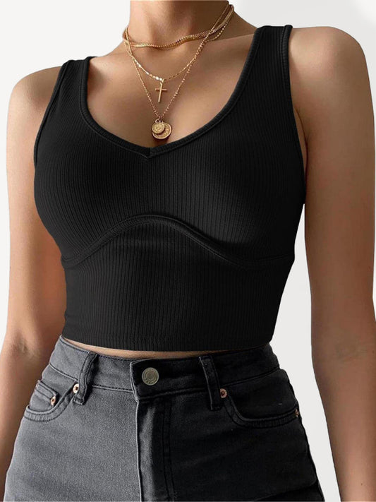 Ribbed Knit Exposed Seam Sleeveless V-neck Crop Tank Top Black Shirt