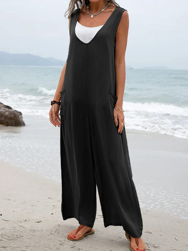 Oversized Sleeveless patch pocket fashion jumpsuit V-neck overalls wide-leg trousers