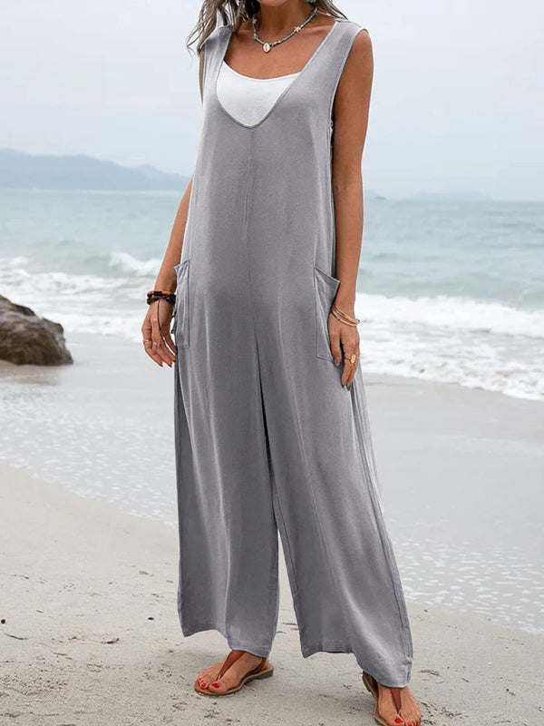 Oversized Sleeveless patch pocket fashion jumpsuit V-neck overalls wide-leg trousers