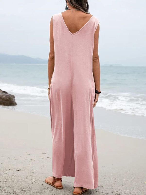 Oversized Sleeveless patch pocket fashion jumpsuit V-neck overalls wide-leg trousers