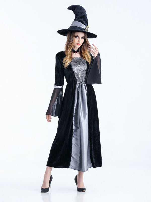 Witch Adult Woman 2 Piece Halloween Costume Hat Modest Midi Dress Spider Outfit