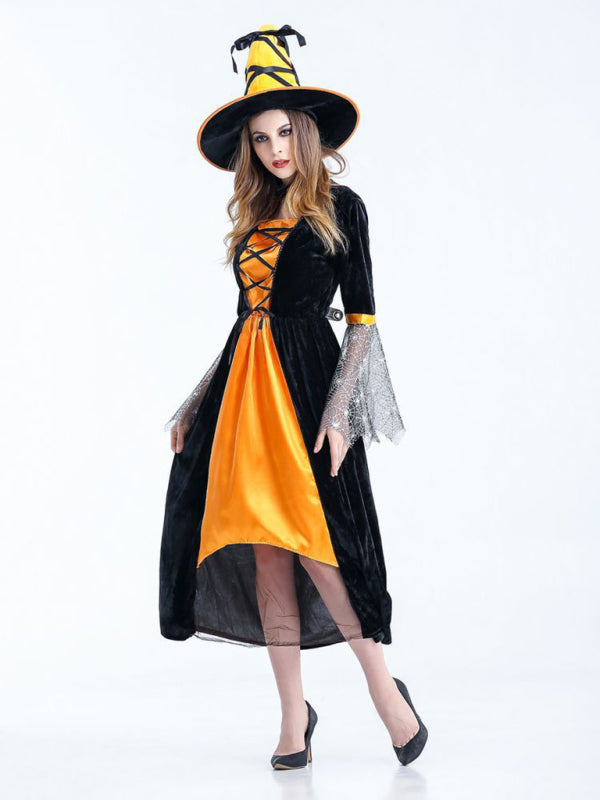 Witch Adult Woman 2 Piece Halloween Costume Hat Modest Midi Dress Spider Outfit