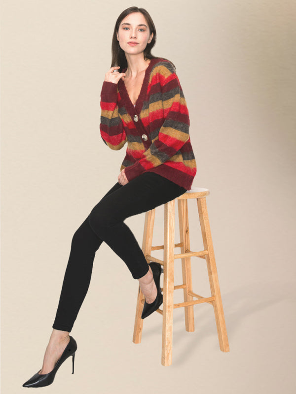Bold Stripe Knit Fuzzy Wool Blend Button Front Classic Long Sleeve Cardigan Sweater