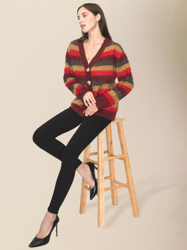 Bold Stripe Knit Fuzzy Wool Blend Button Front Classic Long Sleeve Cardigan Sweater