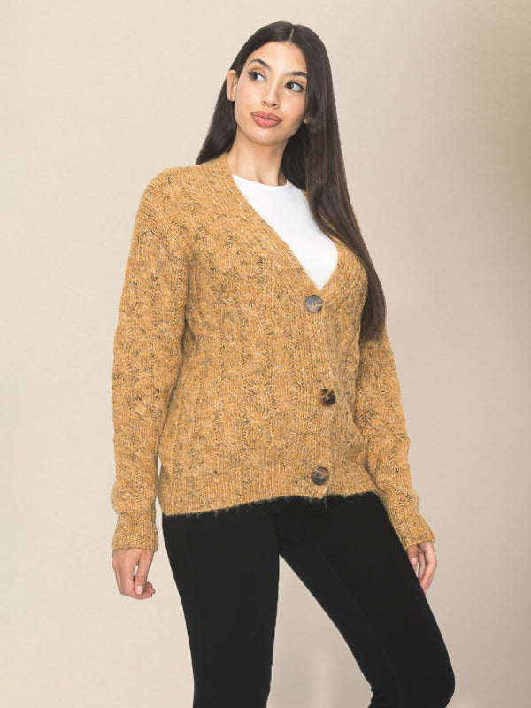 chunky  cable knit fuzzy wool blend button front classic long sleeve ca